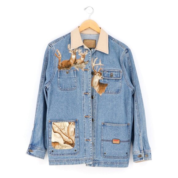 Upcycled Denim Barn Jacket Deer Camo Embellished Vintage Ralph Lauren - Picture 1 of 10